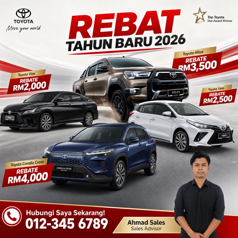 Poster iklan lineup Toyota — Rebat Tahun Baru 2026, Hilux/Vios/Yaris/Corolla Cross dengan rebate sehingga RM4,000