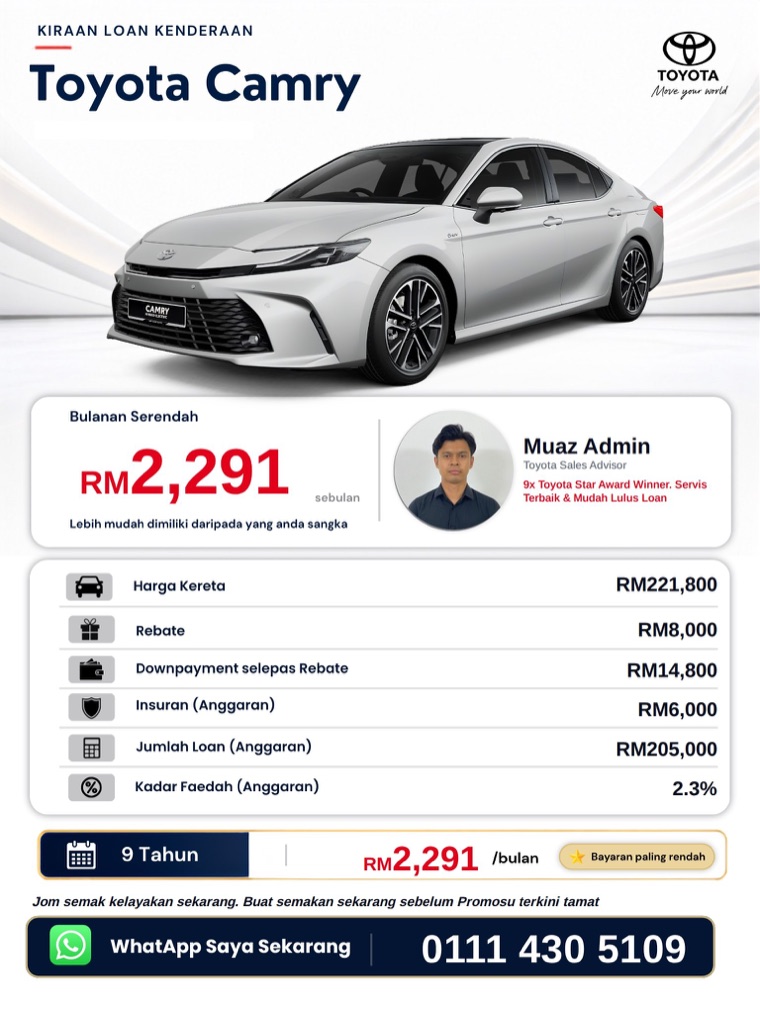 Poster quotation loan Toyota Camry — bulanan serendah RM2,291, kiraan penuh harga, rebate, deposit, loan dan kadar
