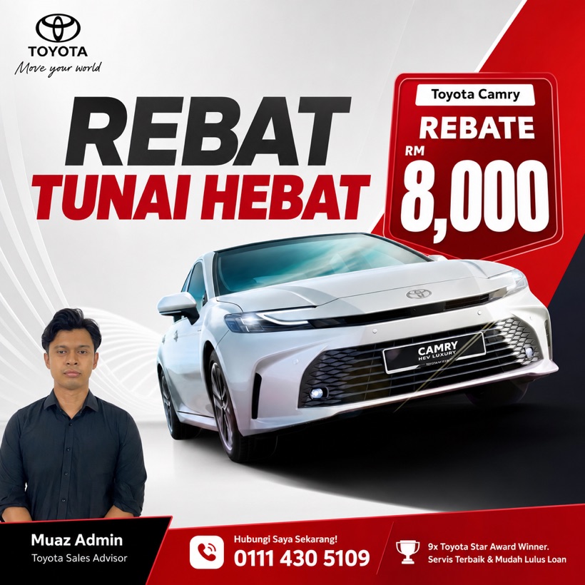 Poster SA Studio — Toyota Camry rebat tunai RM8,000, gambar kereta sebenar, kemas macam kerja studio